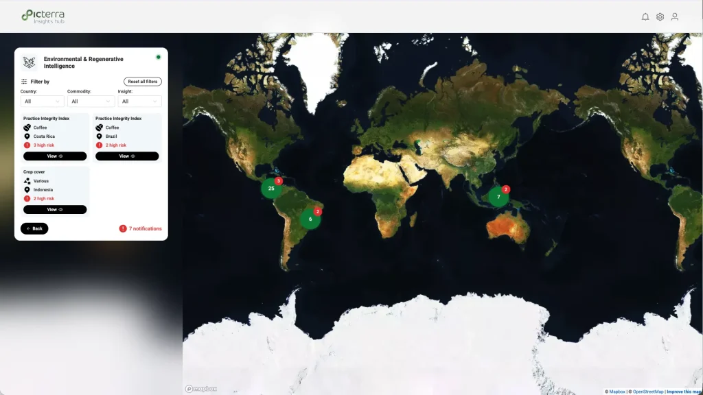 Picterra Insights Hub dashboard showing regenerative practices verification through geospatial data, with satellite imagery and field-level indicators used to monitor agricultural practices and sustainability.