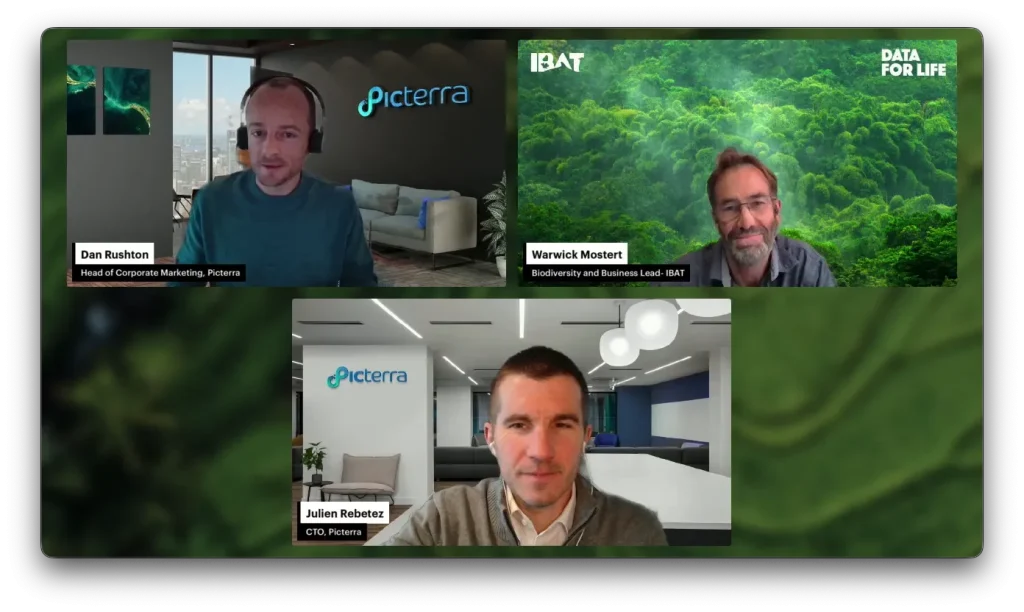 Webinar panel featuring Dan Rushton, Warwick Mostert, and Julien Rebetez discussing biodiversity data and verification.