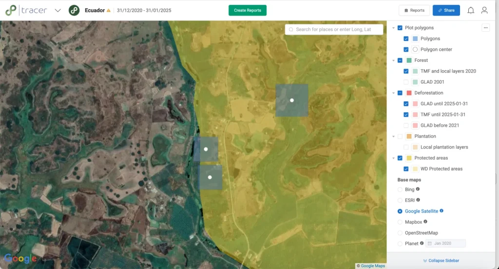 Picterra Tracer dashboard displaying satellite imagery of agricultural land in Ecuador, with plot polygons, forest and deforestation layers, protected areas, and monitoring indicators overlaid on the map.