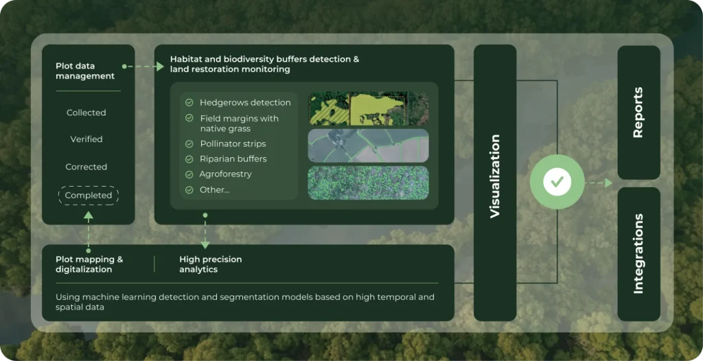 Picterra Tracer workflow showing plot data management, high-precision geospatial analytics, and habitat and biodiversity buffer detection for land restoration monitoring, with outputs connected to visualization, reports, and integrations.