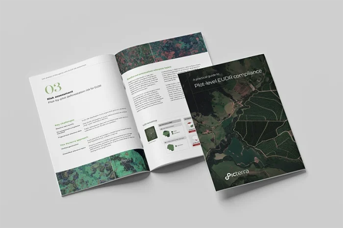 A professional mockup of a guide titled “A practical guide to Plot-level EUDR compliance”, showing an open booklet with satellite imagery, maps, data visualizations, and compliance content, alongside the guide’s front cover featuring an aerial agricultural landscape.