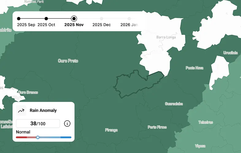 Map interface displaying a plot polygon with a time slider and Rain Anomaly index, demonstrating precipitation tracking and crop yield intelligence.
