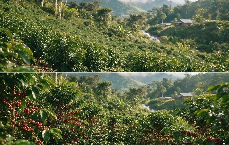 Split photo comparing early-stage coffee crop development with a heavy, ripe harvest yield, showcasing crop yield intelligence tracking.