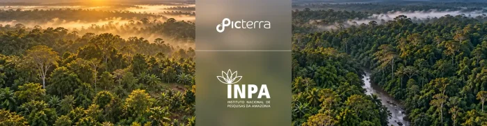 Aerial view of a dense rainforest split into golden sunlight on the left and a winding river on the right, featuring the Picterra and INPA logos in the center overlay.