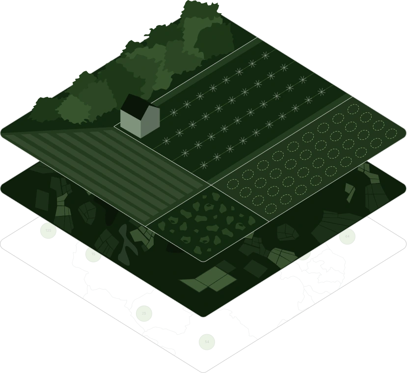 Illustration of layered geospatial data showing plot-level agricultural fields, crops, trees, and satellite mapping used for GeoAI analysis.