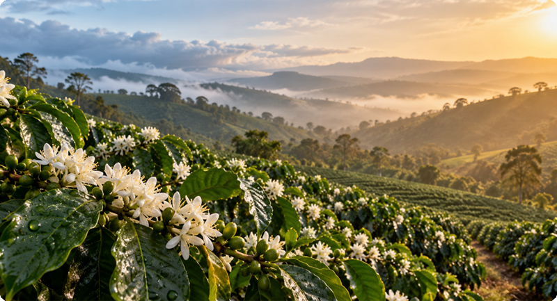 Close-up view of coffee plants in full bloom with delicate white flowers, set against a misty mountain valley bathed in golden sunrise light.