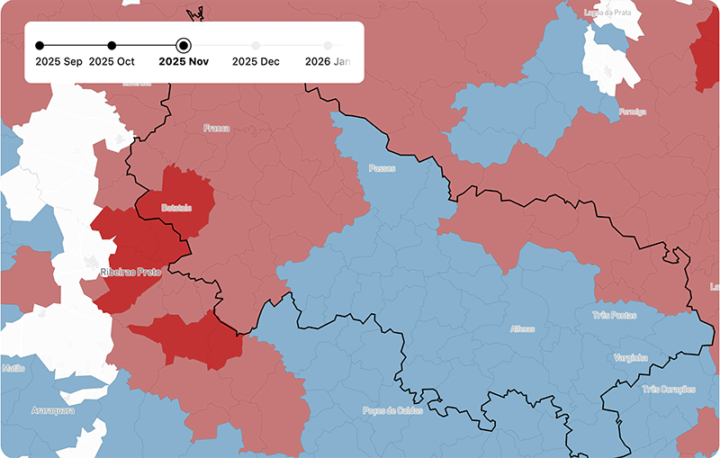 Map view showing regional areas in Brazil color-coded in shades of red and blue, with an interactive timeline bar overhead progressing from November 2025 to July 2026.