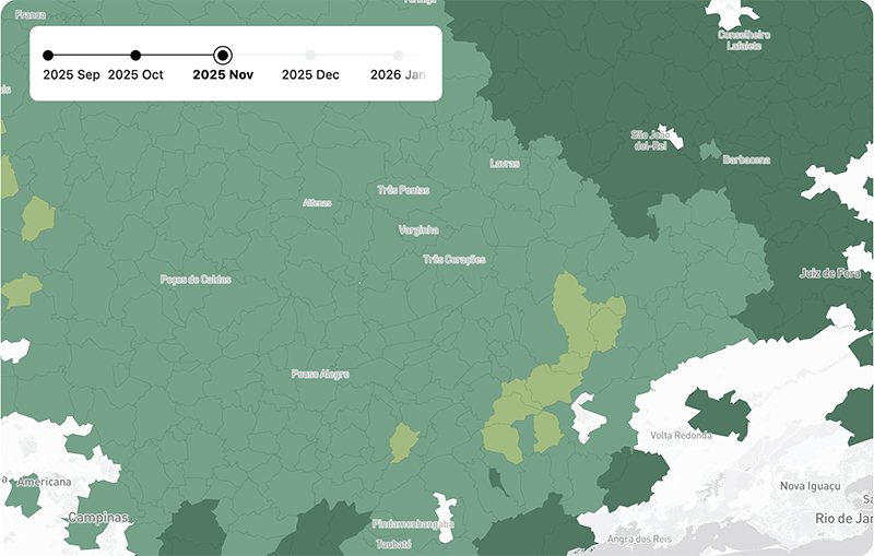 Map view showing regional areas in Brazil, with an interactive timeline bar overhead progressing from November 2025 to August 2026.