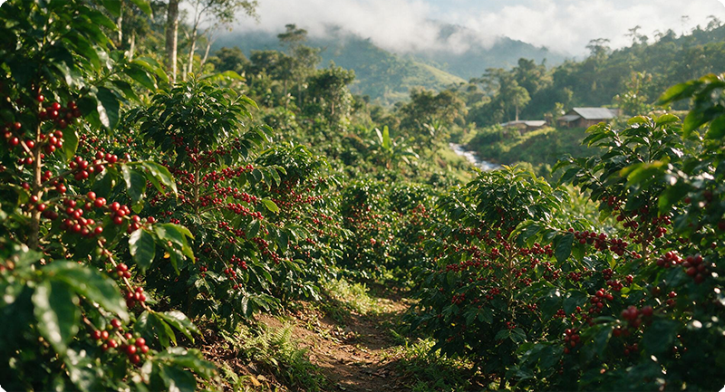 Close-up view of vibrant coffee plants heavy with ripe red coffee cherries along a dirt path in a lush, mountainous hillside farm.